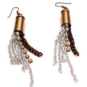 Bullet Smith & Wesson Spent Shell Mix Metal & Rhinestone Tassel Drop Earrings